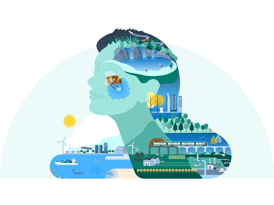Illustratör: EEA, Europeiska miljöbyrån Illustration av en kvinnas huvud med en båge i bakgrunden.