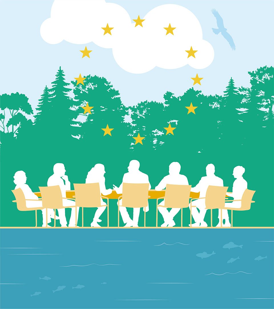 Illustration av personer runt ett m&ouml;tesbord under EU-stj&auml;rnor