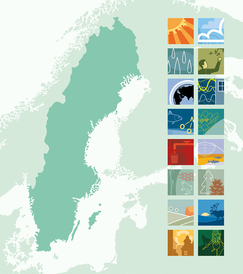 Illustration av Sverige och milj&ouml;m&aring;lens piktogram