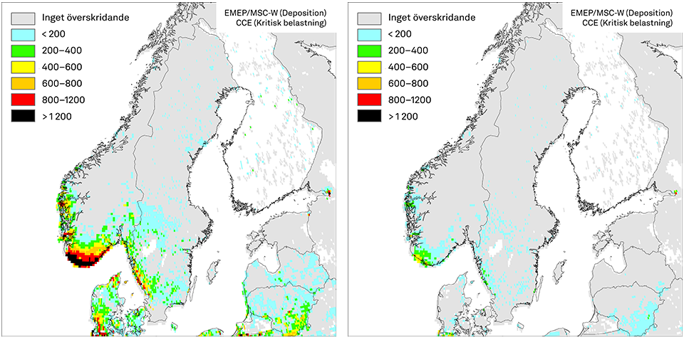 Mellan år 2000 och 2019 har den kritiska belastningen för försurning framför allt ökat i södra och sydvästra Sverige