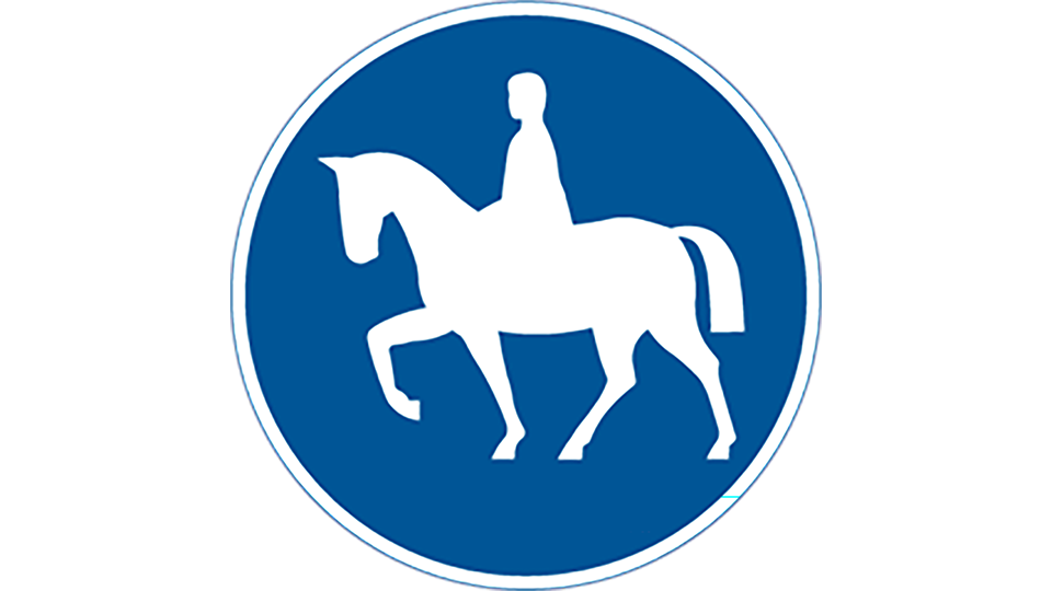 En blå skylt med en häst med ryttare på; påbjuden ridning