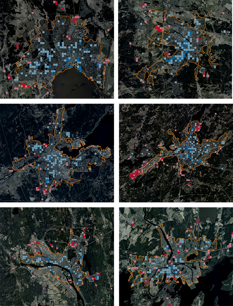 Sex kartbilder som visar hur befolkningsökning bidragit till ett ökat tryck på grönområden inom olika tätorter mellan referensåren 2010 och 2015.