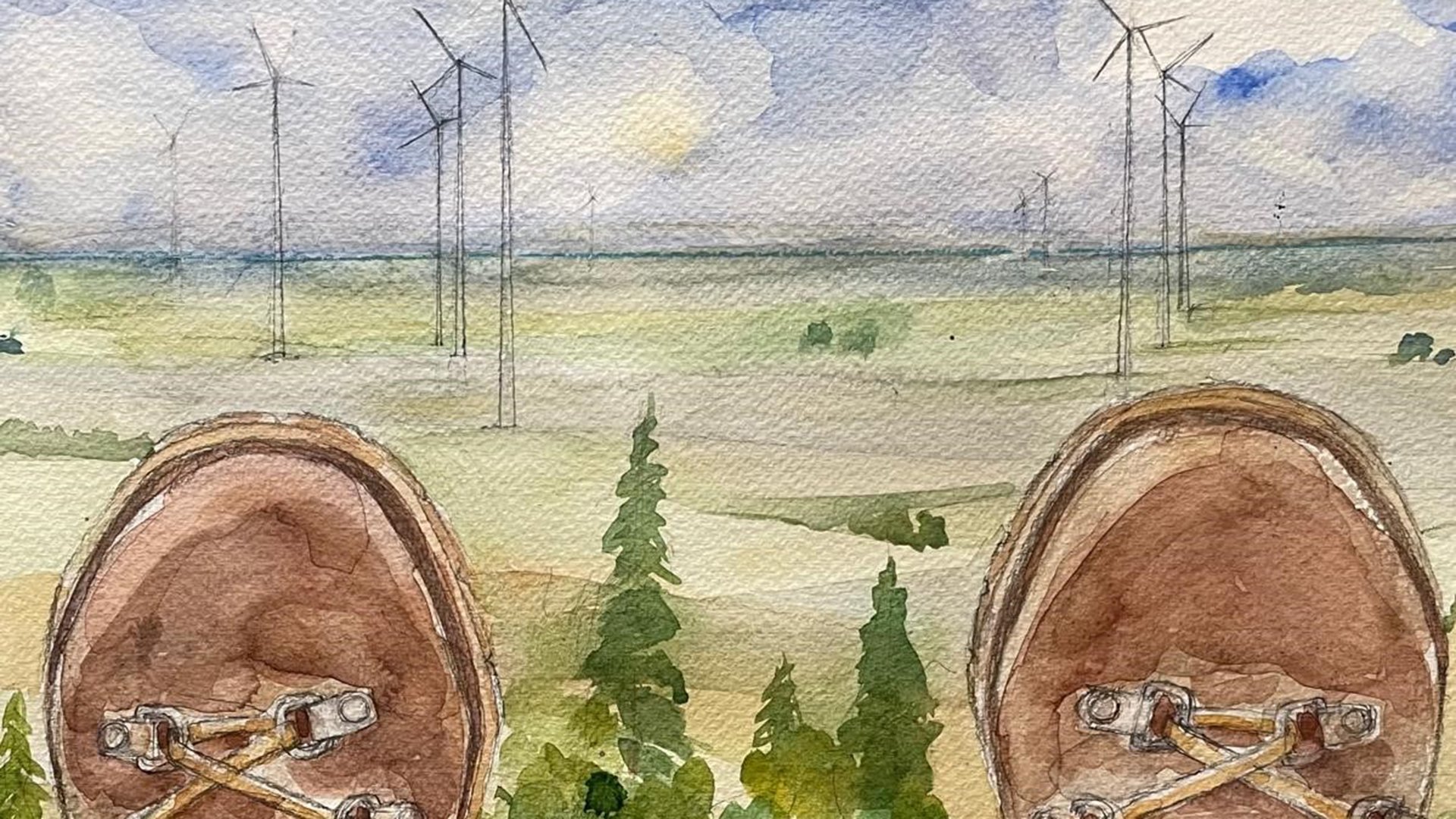 Målning av ett par skospetsar och en vy över vindkraftspark.