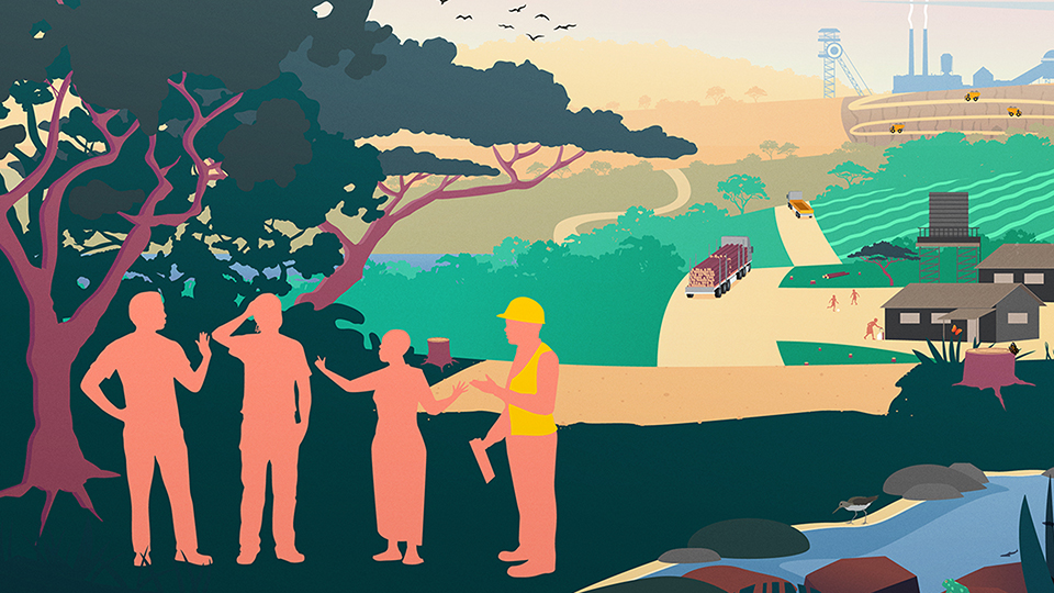 Illustration with people, trees, animals, transport and factory.