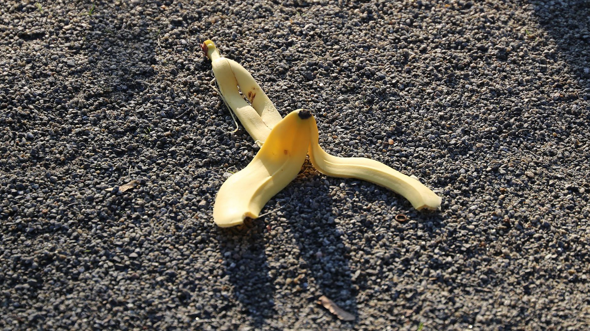 Bananskal på marken.