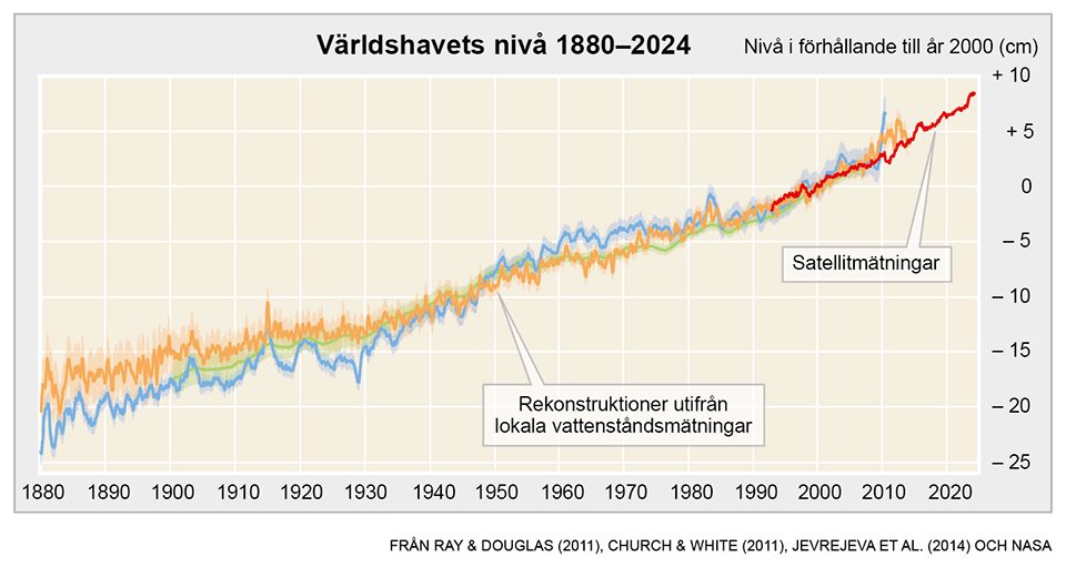 Diagram som visar v&auml;rldshavets niv&aring; 1880&ndash;2024